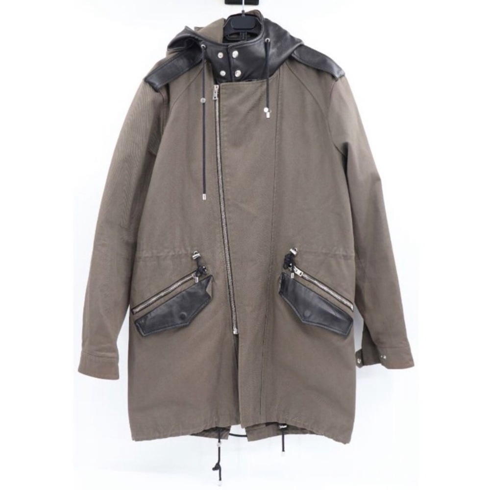 Kooples Leather/Canvas Fishtail Coat Utility Coat Lamb Leather Hood Pockets